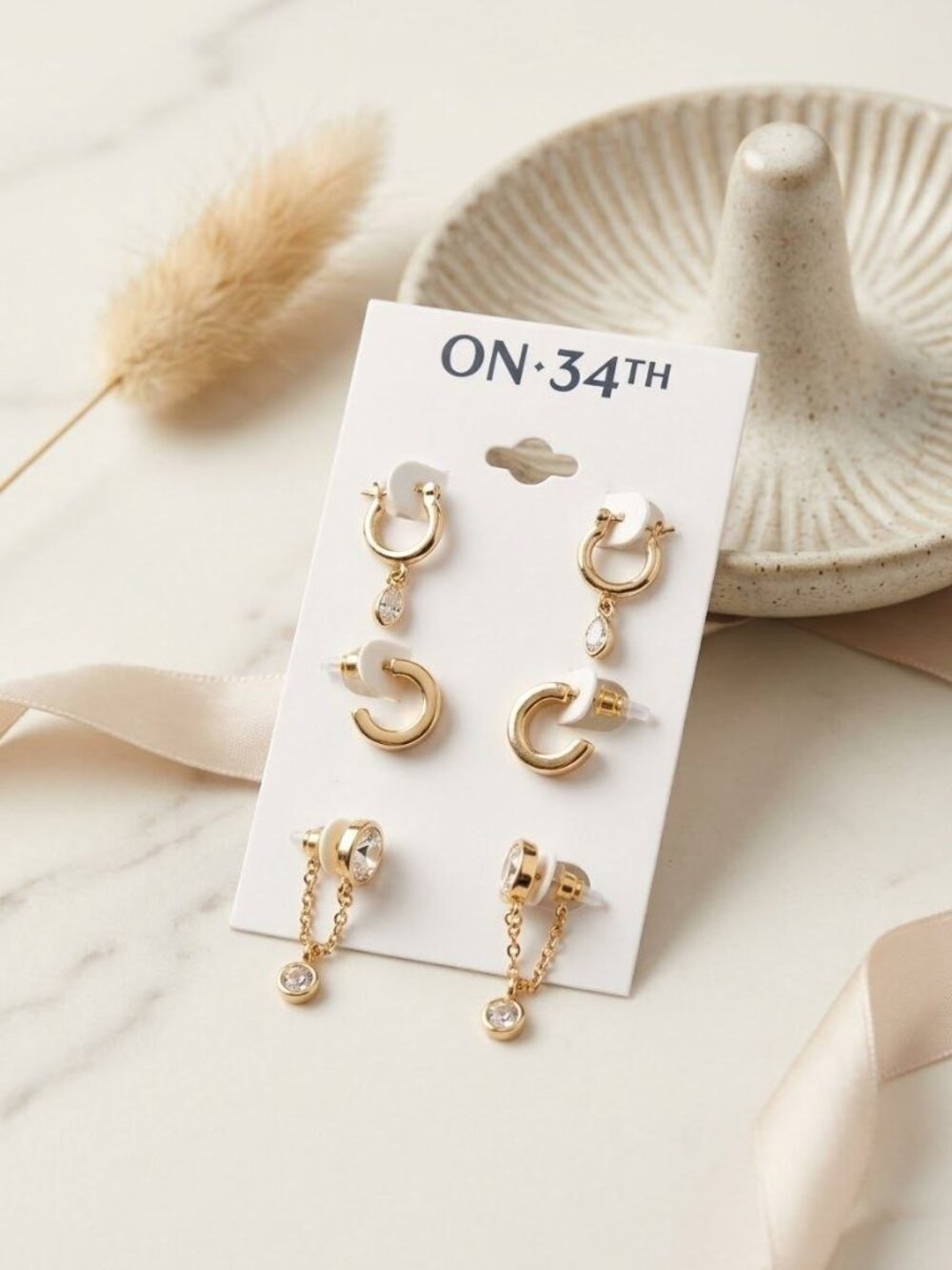 ON 34th Gold tone trio Charm Hoop Stud Earrings Set of 3 Pairs